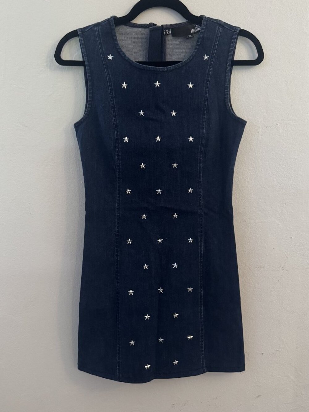 Love Moschino Dark Denim Mini Dress Silver Star Studs Size 2